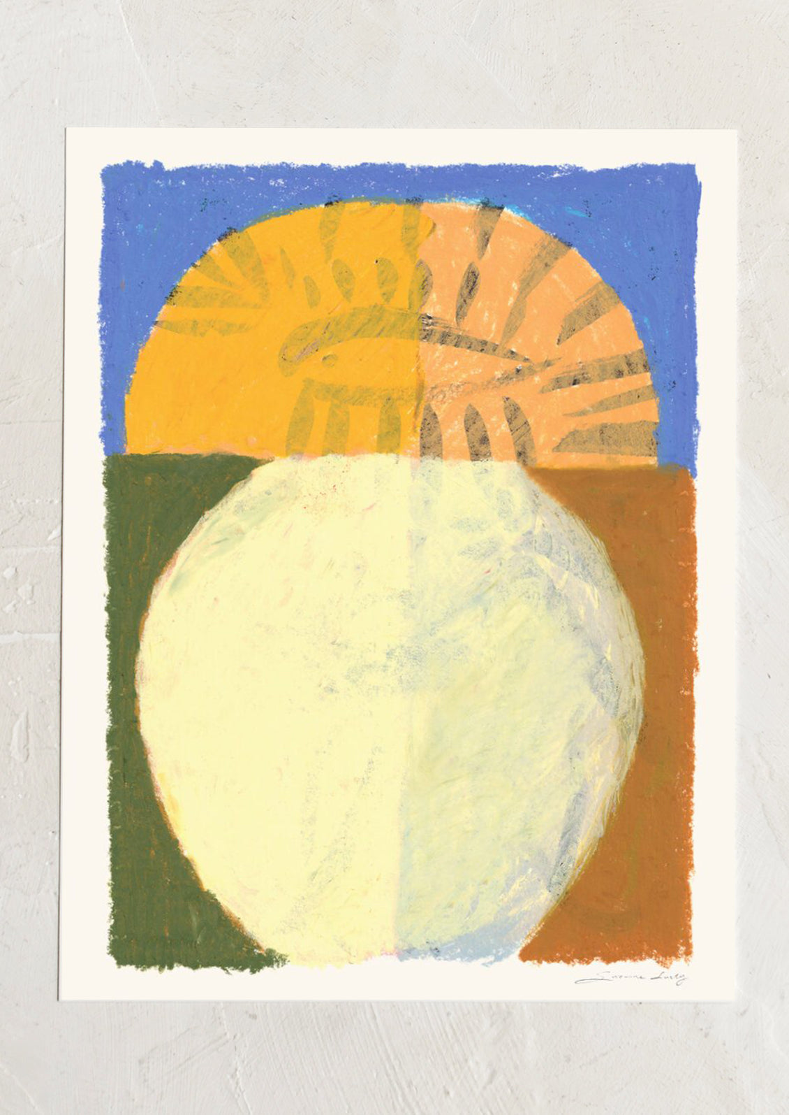 An abstract art print of lamp/vase abstract form on colorblocked background.