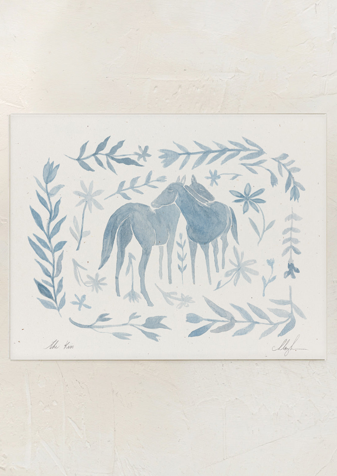 An art print of watercolor painting of two horses surrounded by floral frame in light blue.
