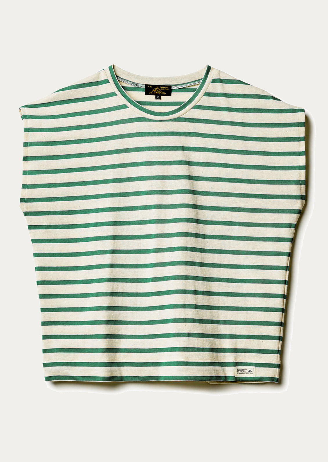 Green and white striped sleeveless shirt.