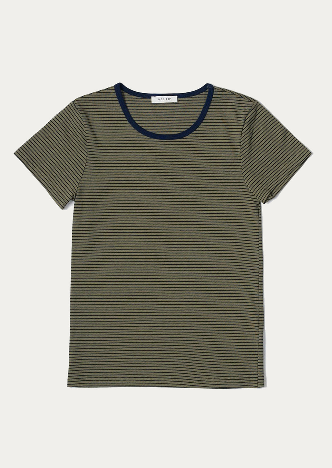A striped t-shirt in olive green with navy stripes and neckline.