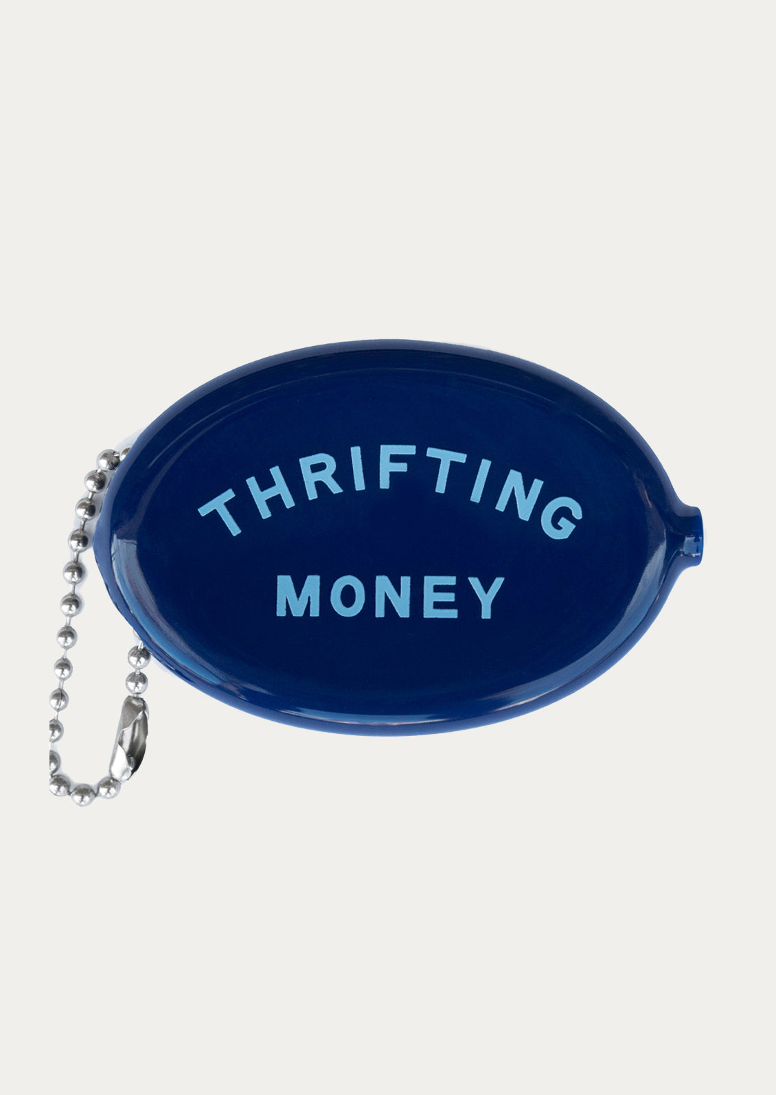 Blue coin purse with 'THRIFTING MONEY' text on a white background