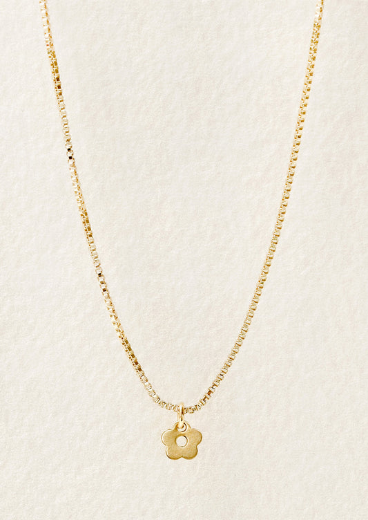 A gold chain necklace with a tiny daisy charm in front of a white background.