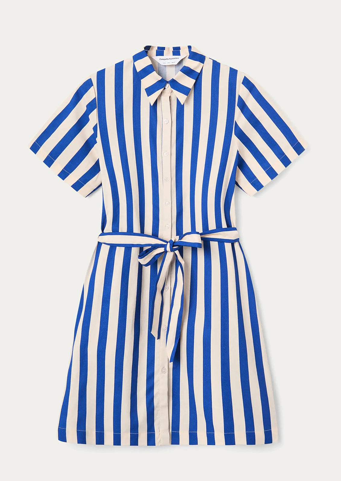 Blue and white striped dress with a belt on a light gray background