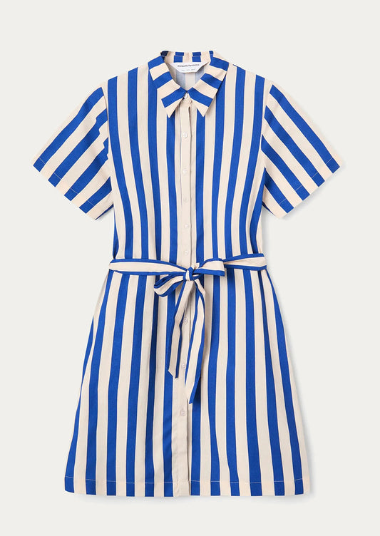 Blue and white striped dress with a belt on a light gray background