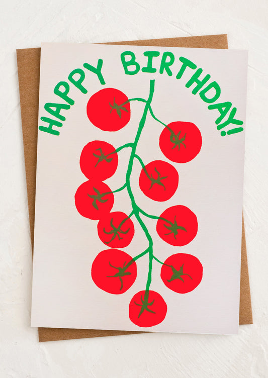 Birthday card with red tomatoes and 'Happy Birthday!' text on a white background