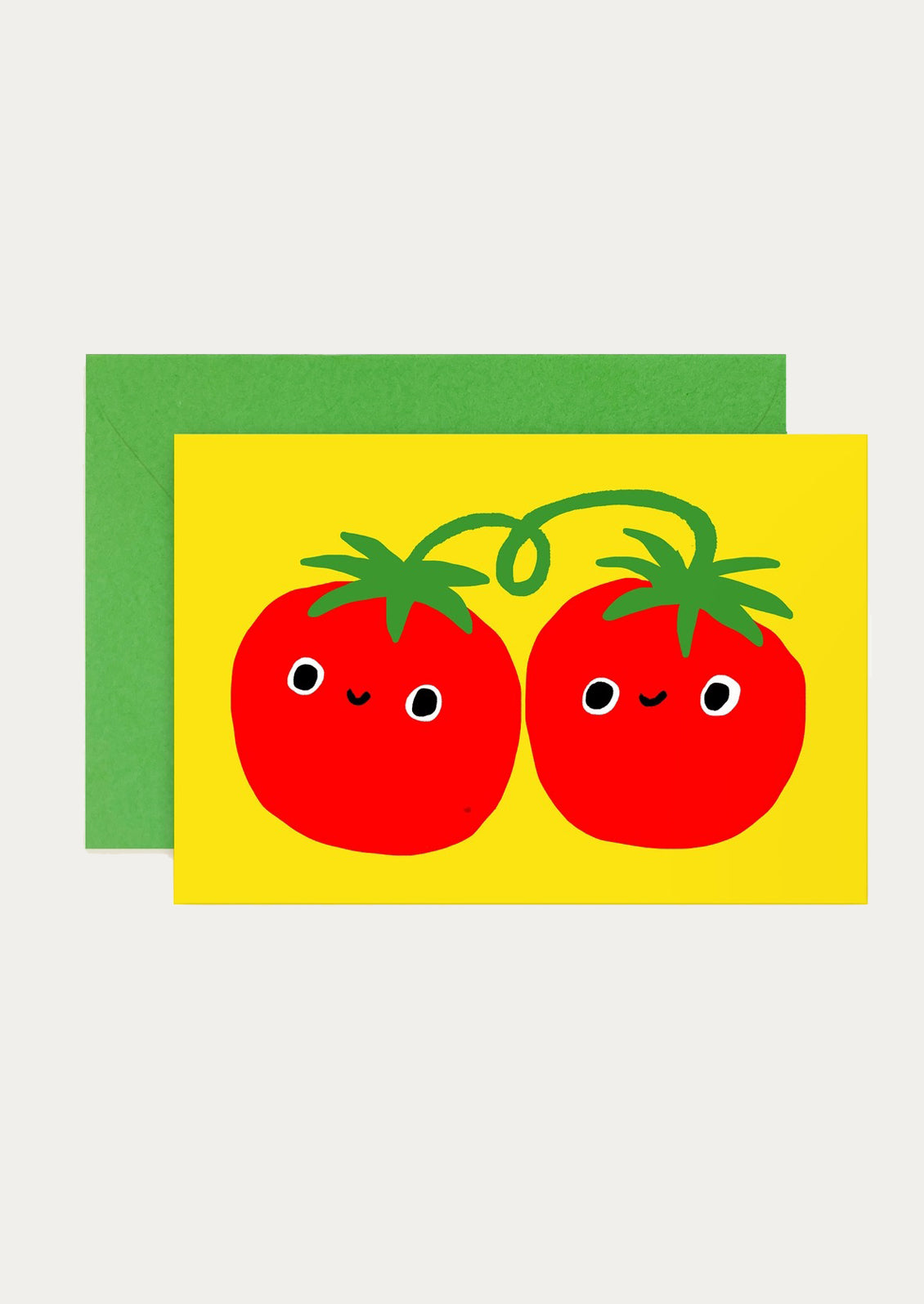 Two cartoon tomatoes on a yellow background with a green border