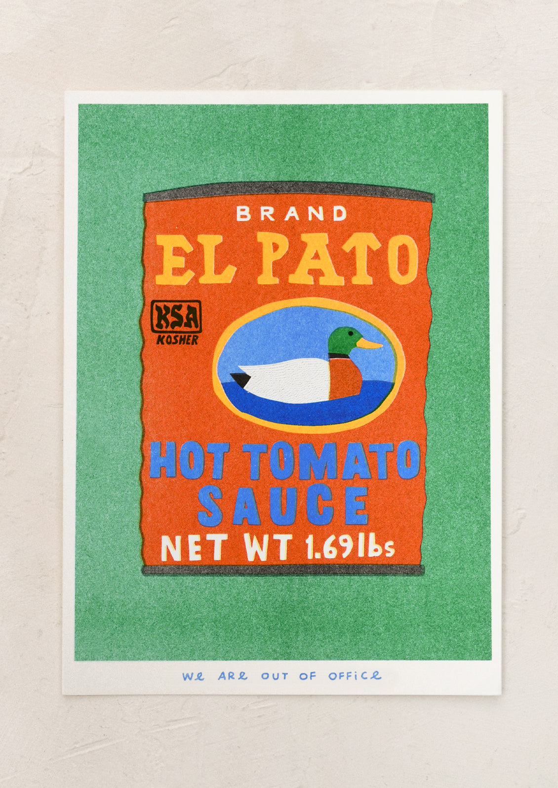 A risograph art print of a can of El Pato brand tomato sauce.