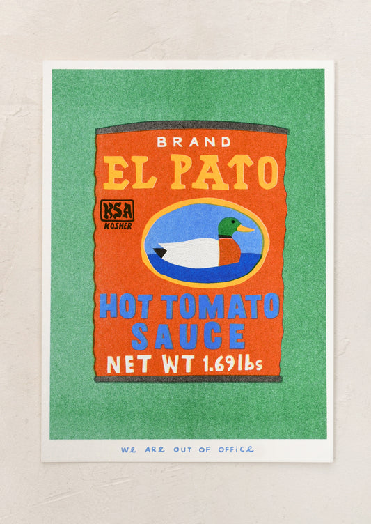 A risograph art print of a can of El Pato brand tomato sauce.
