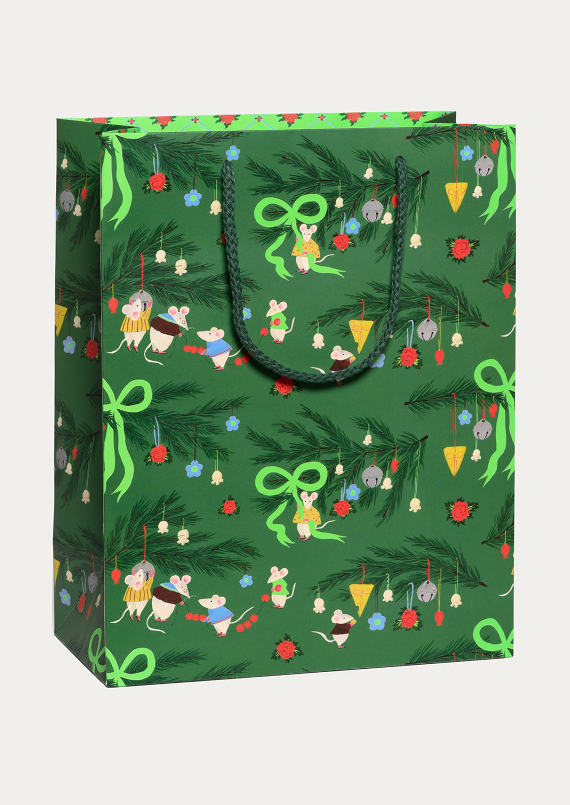 A large green gift bag with illustrations of mice decorating tree branches.