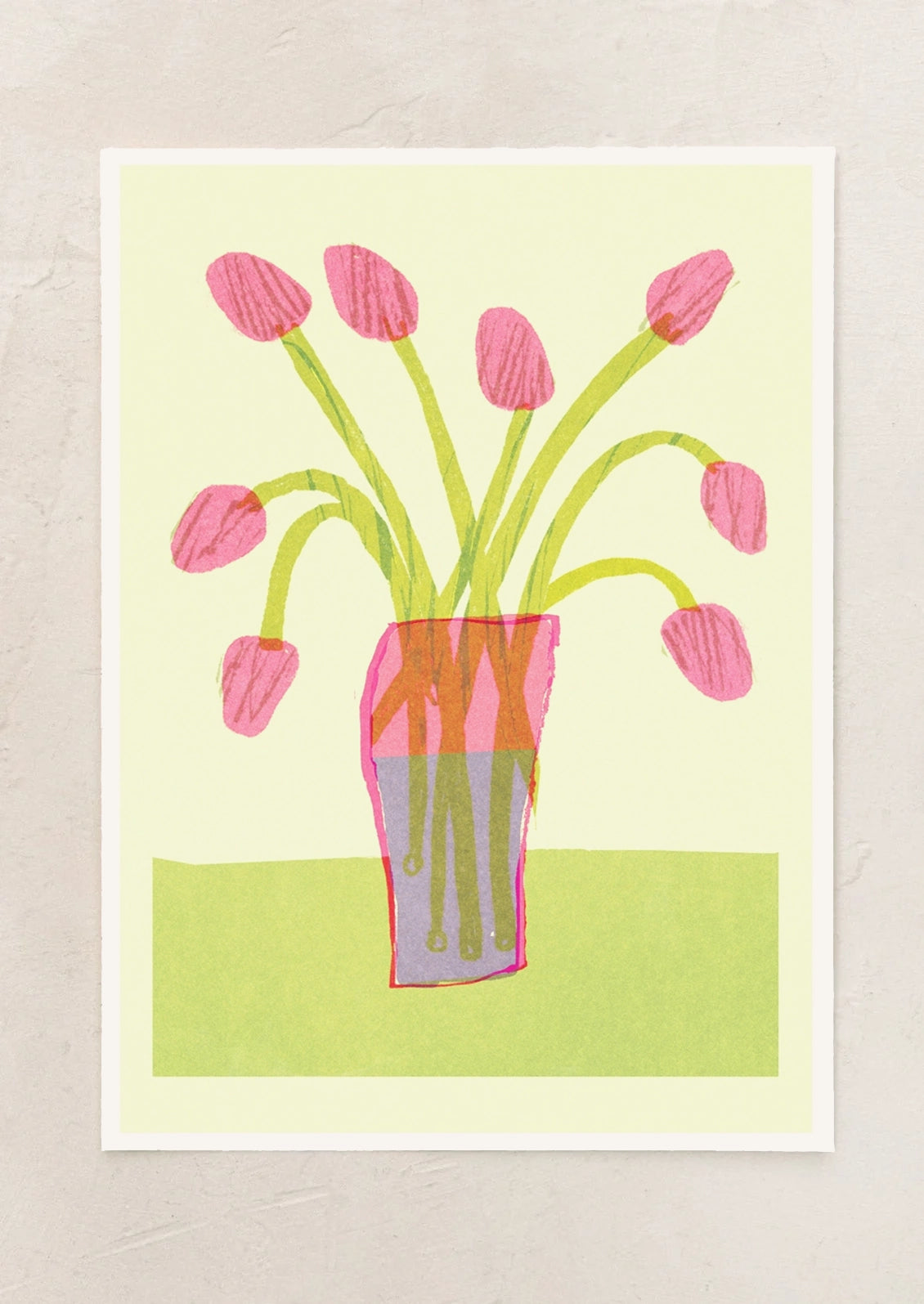 A risograph art print of pink tulips in a vase, on a pale yellow background.