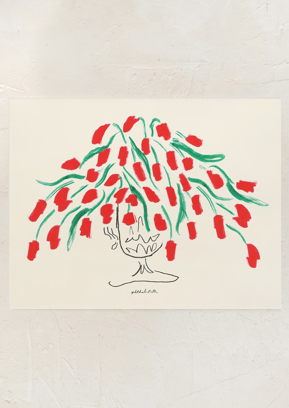 Artistic illustration of a vase with red flowers on a beige background