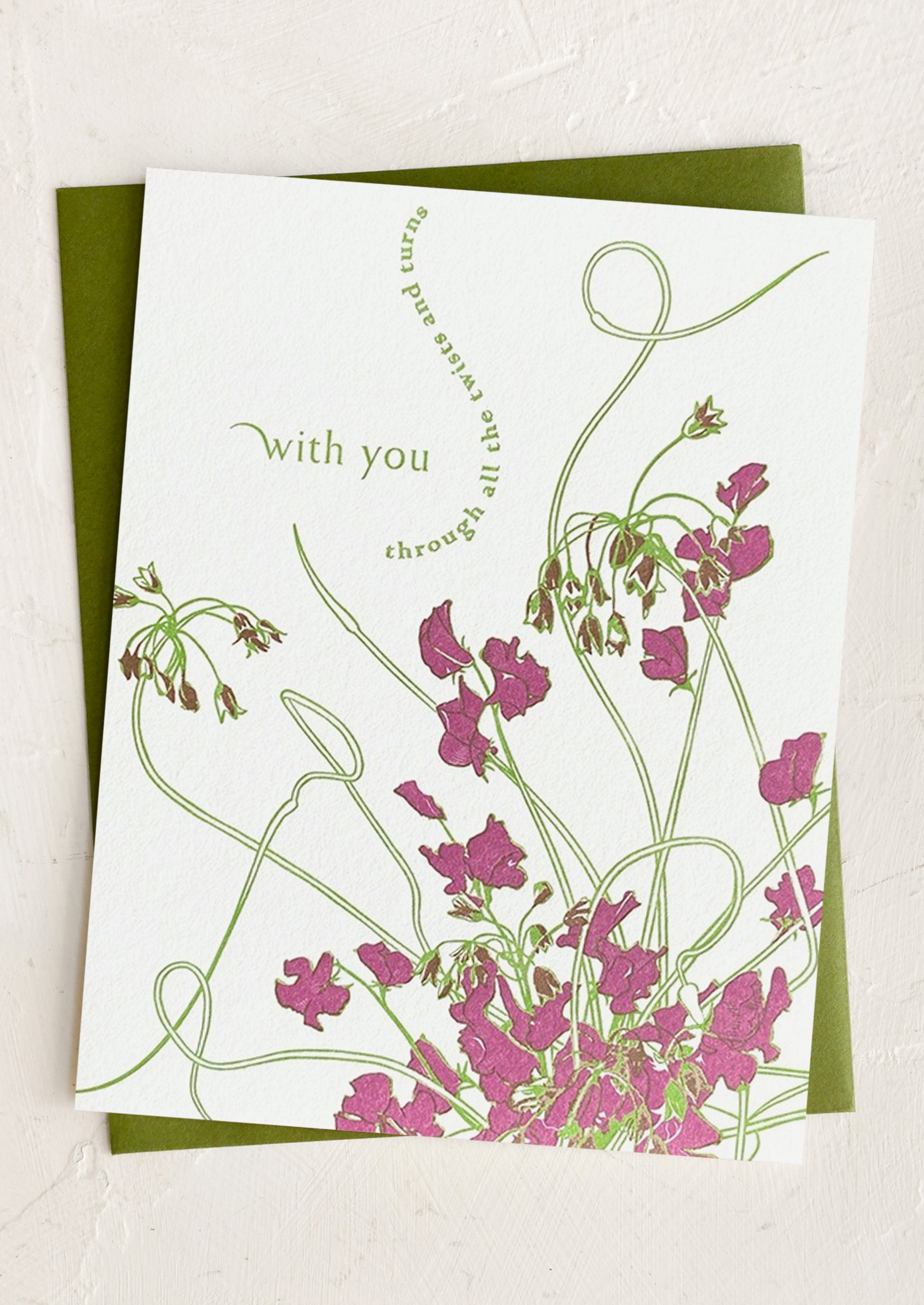 A floral print card, text reads "With you through all the twists and turns".