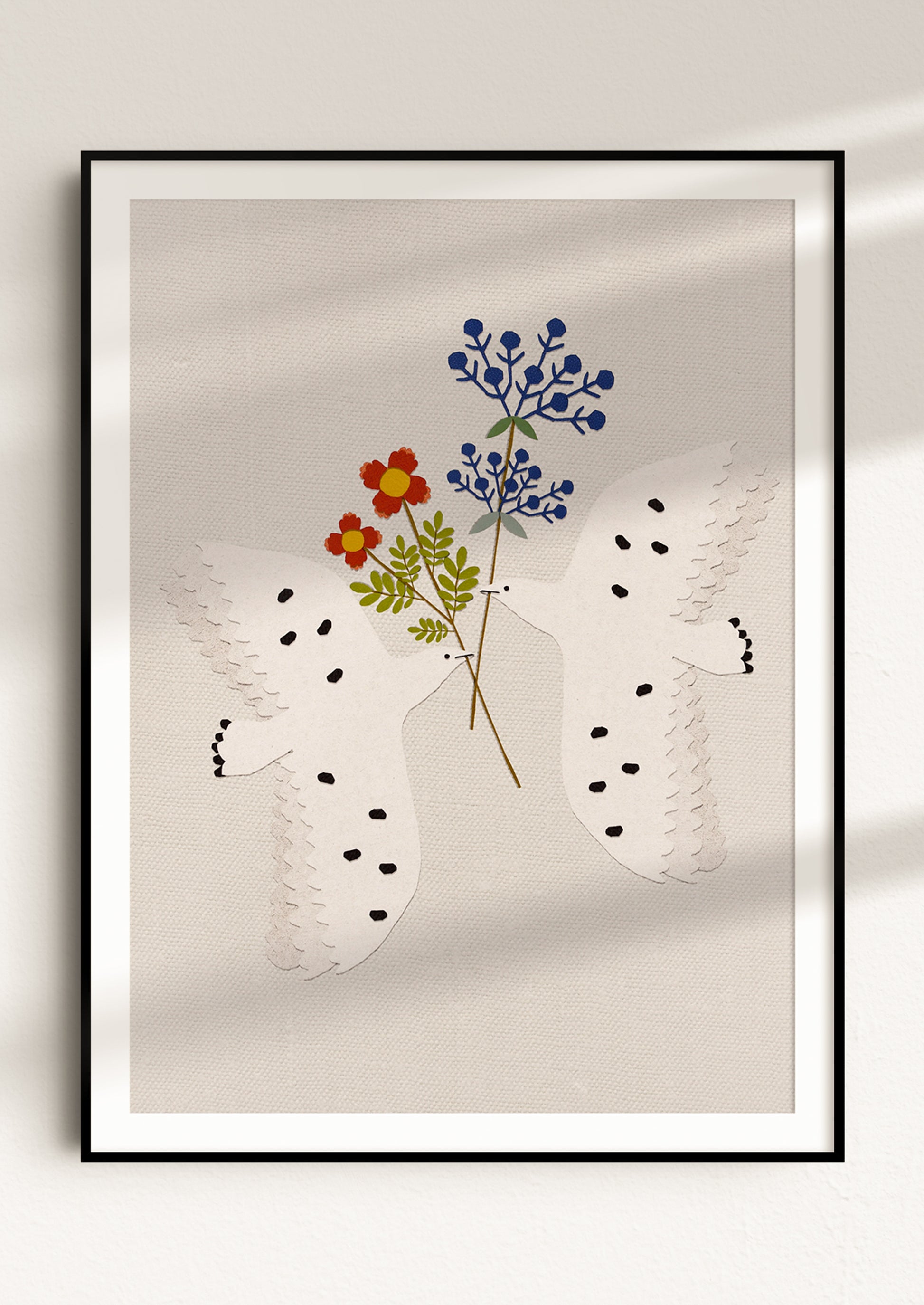 An art print of papercut collage of two doves holding flowers on light grey background.
