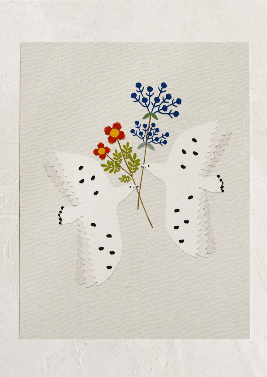 An art print of papercut collage of two doves holding flowers on light grey background.