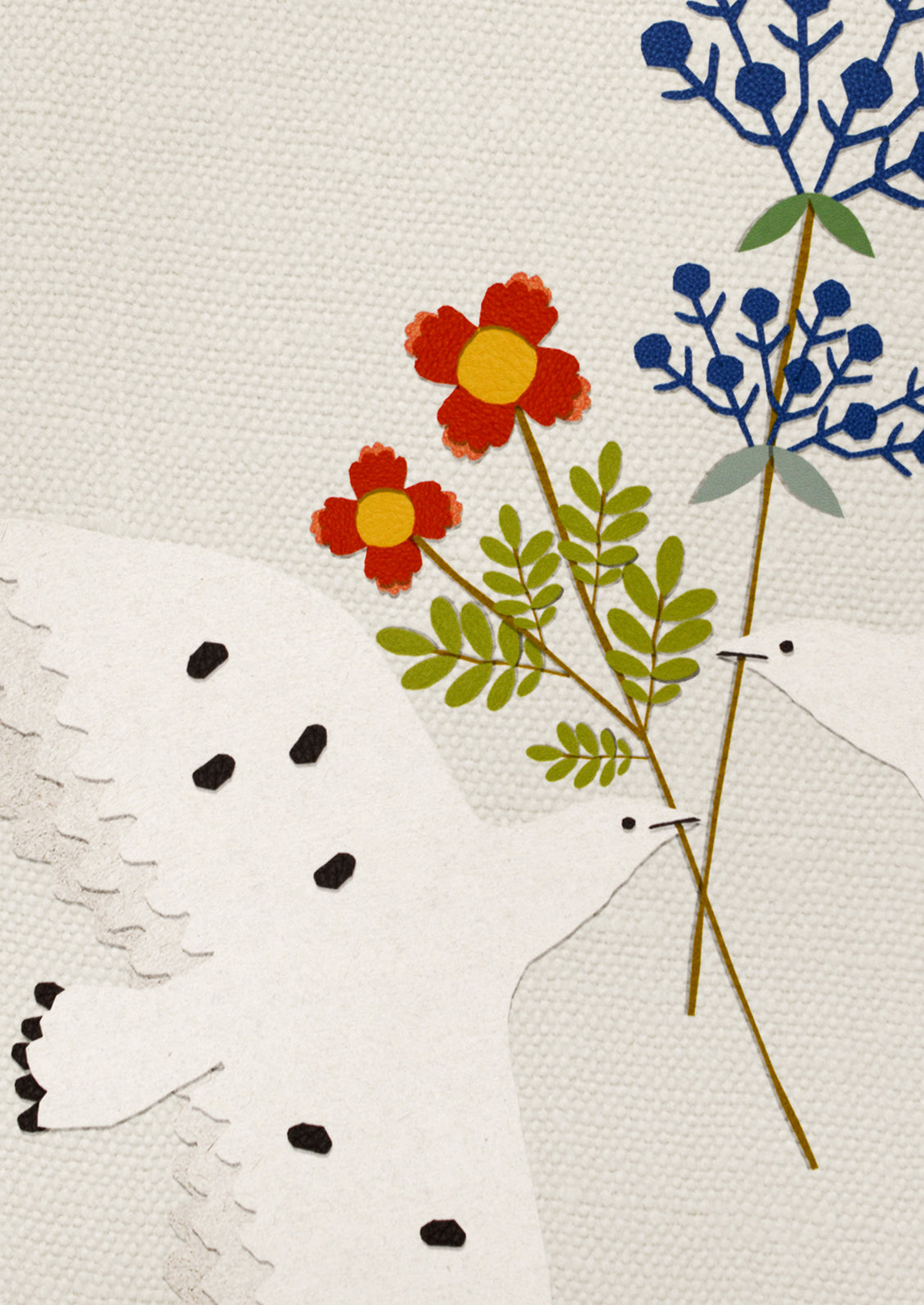 An art print of papercut collage of two doves holding flowers on light grey background.