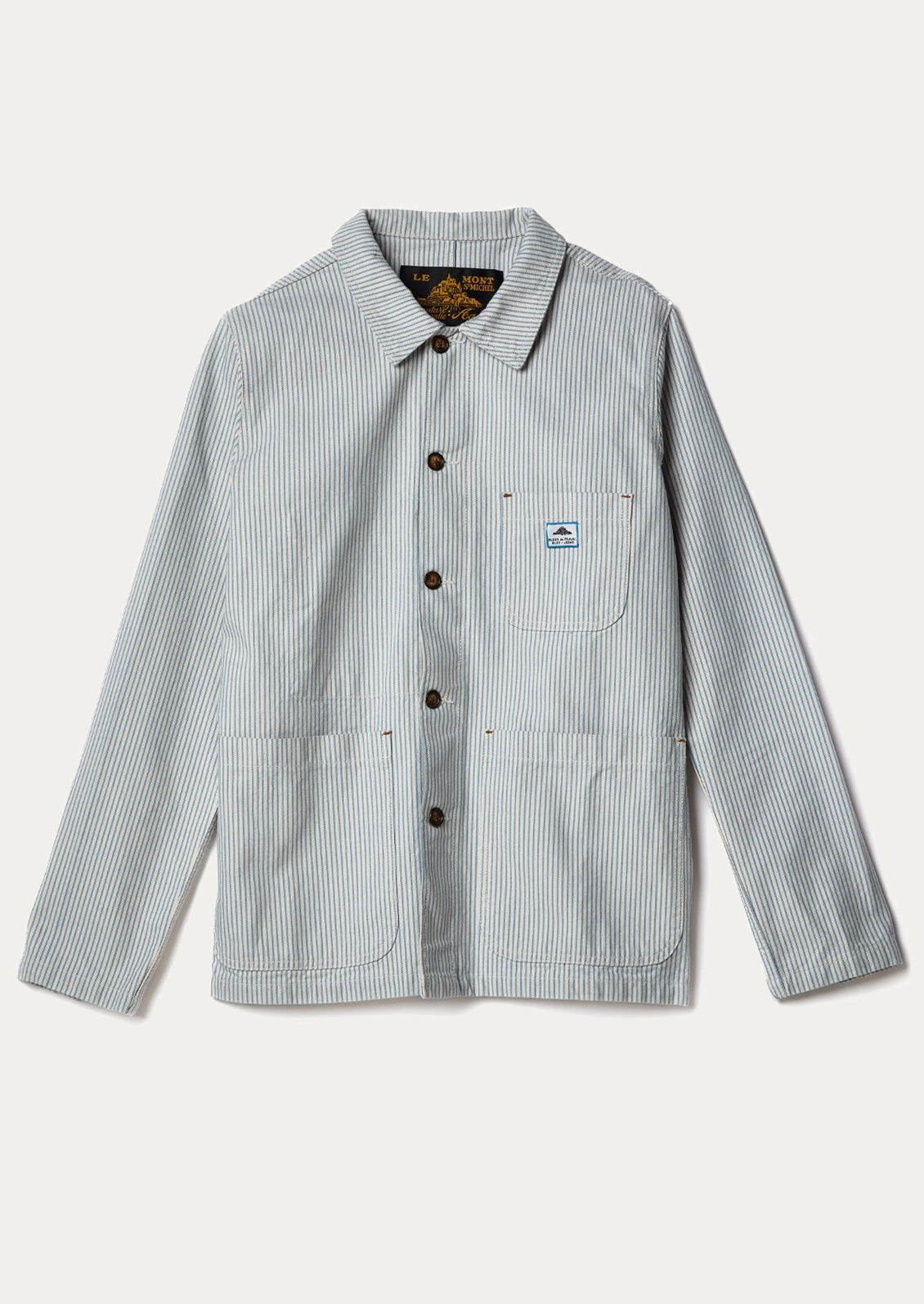 A cotton chore work jacket in light blue and white pinstripe.