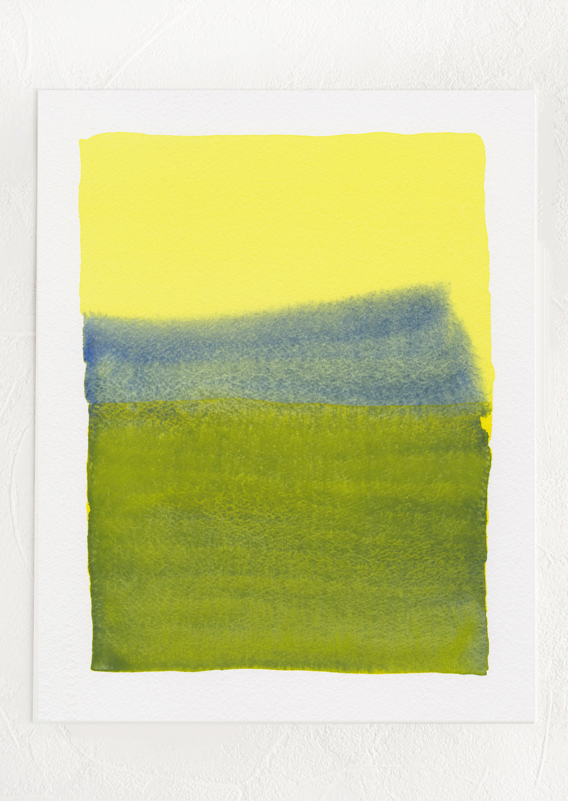 Abstract art piece with yellow, blue, and green colors on a white background