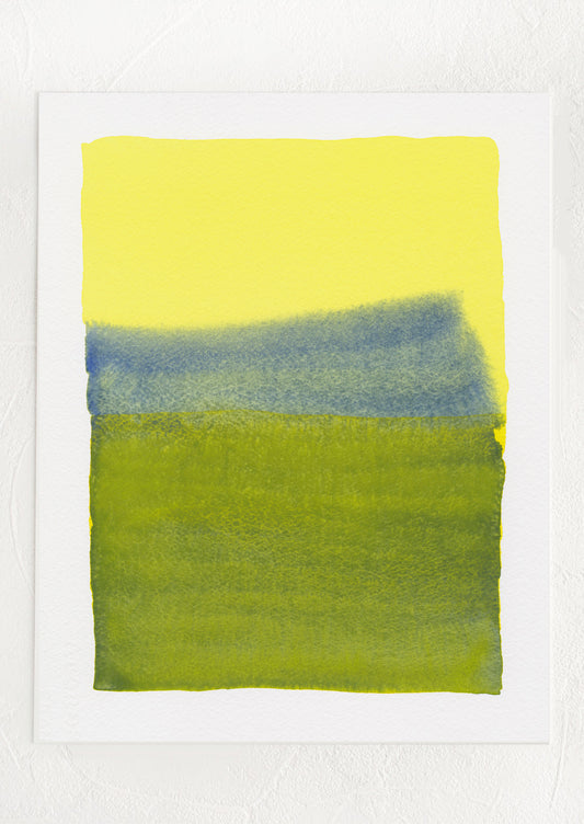 Abstract art piece with yellow, blue, and green colors on a white background