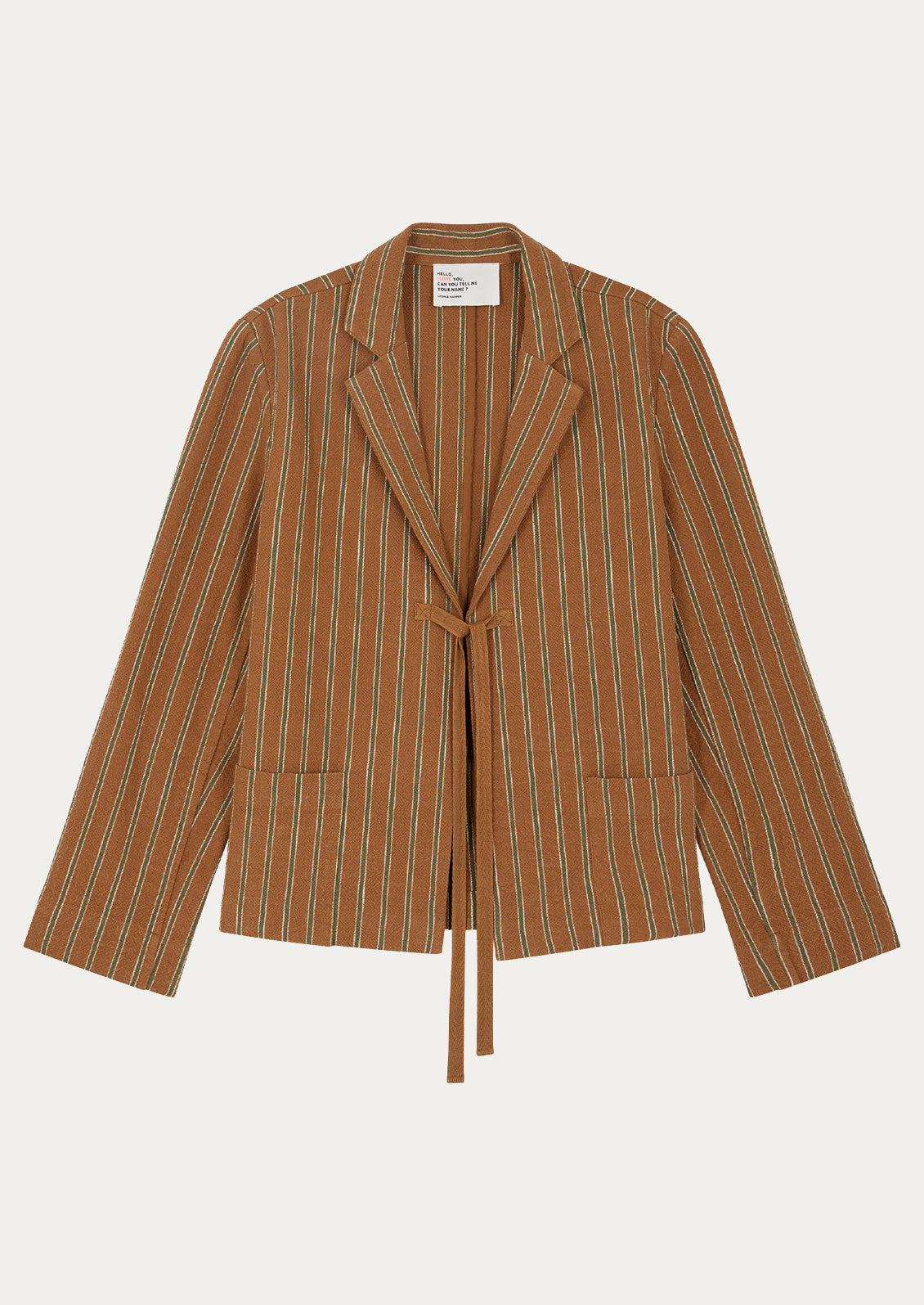 A brown suit jacket with green stripe pattern and tie front closure.