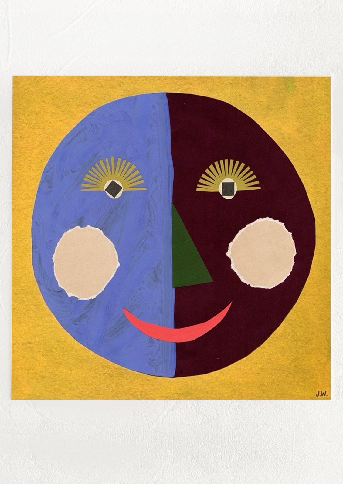 Abstract face with blue and brown halves on a yellow background