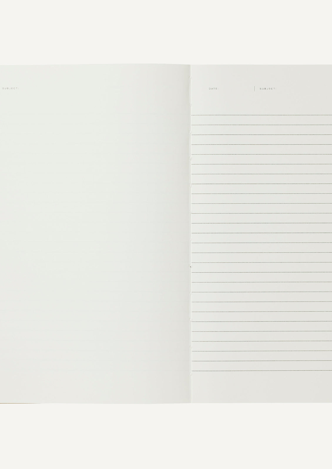 Interior notebook pages with blank left side, ruled right side.