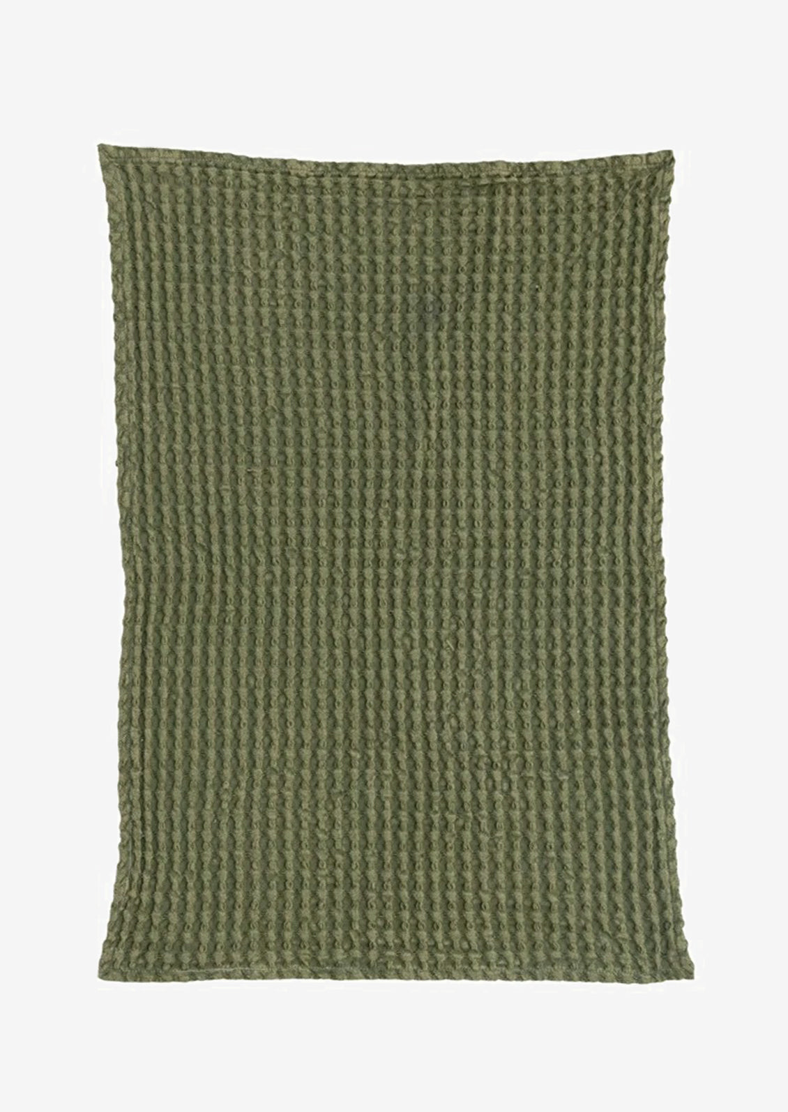 A fern green waffle weave dish towel.