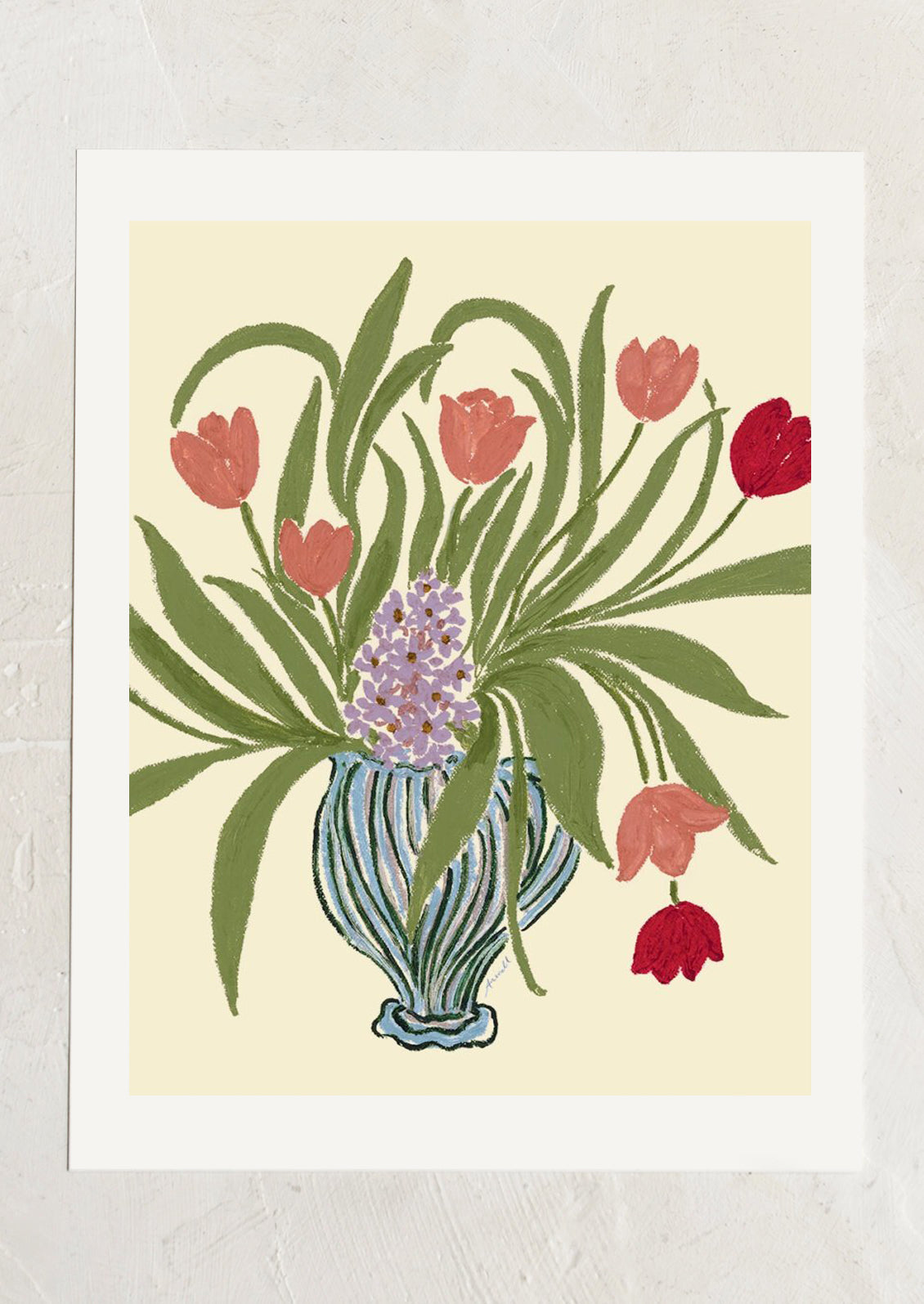 An art print of pastel illustration of flowers in a striped vase.