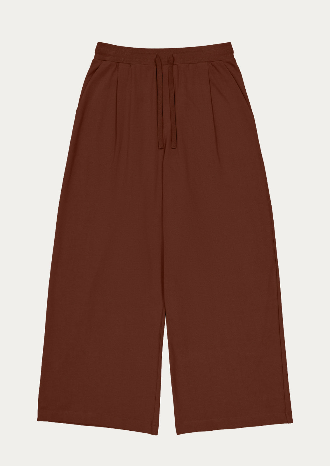 A pair of wide leg pants in sequoia brown color.