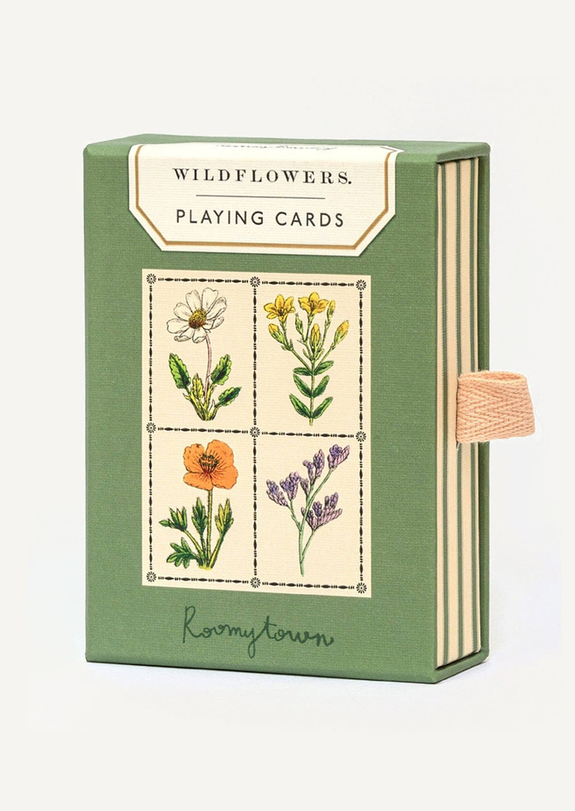 Flower illustrated standard playing cards in a box.