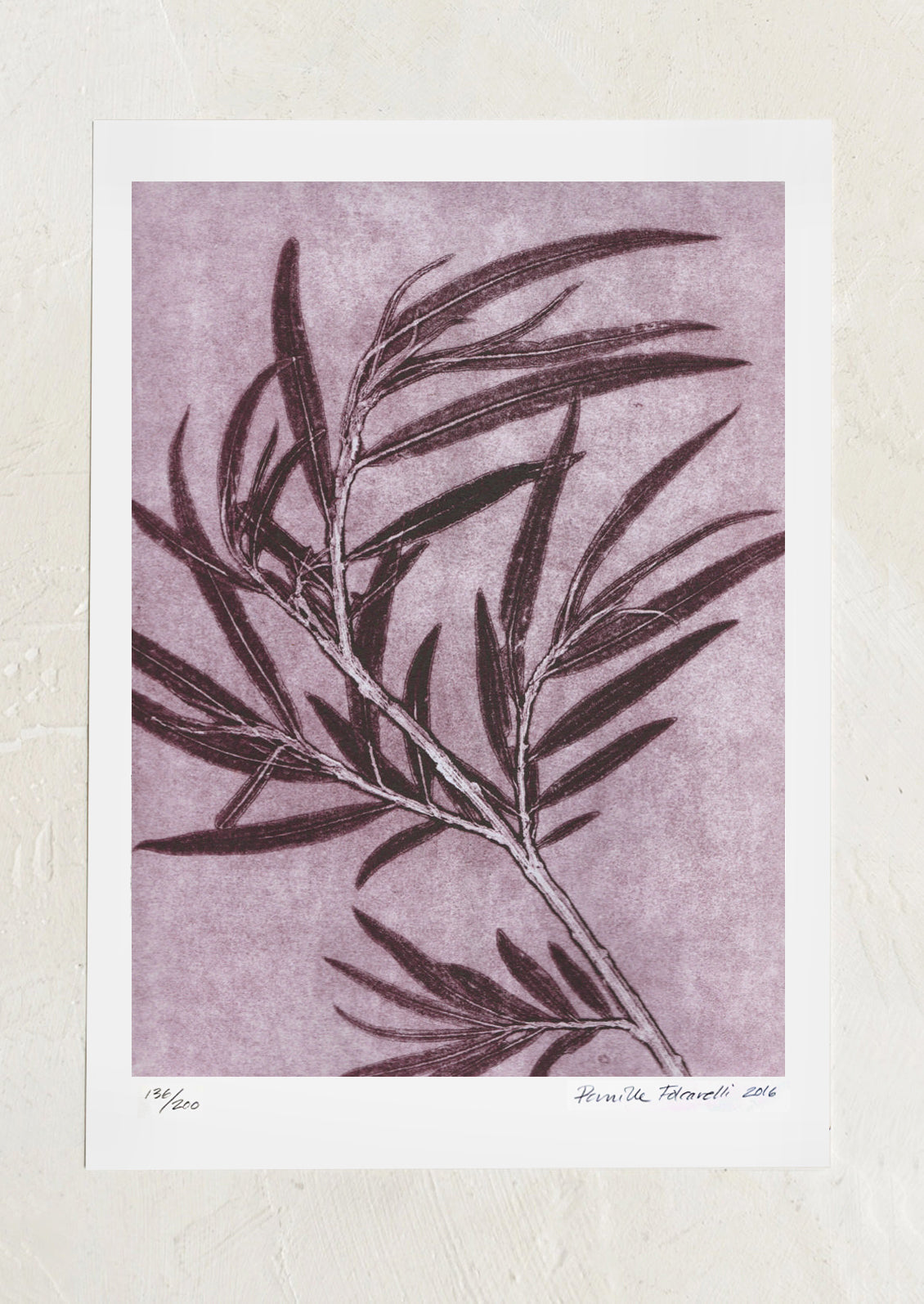 Art print of leafy branch on a textured purple background