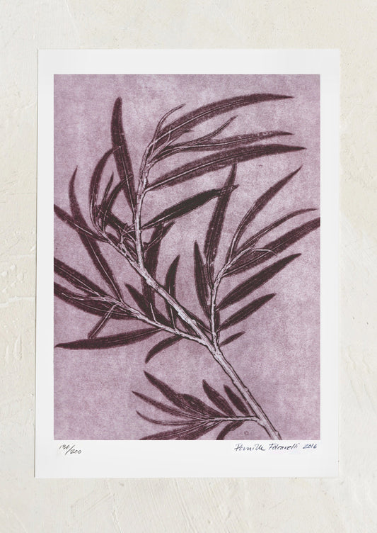 Art print of leafy branch on a textured purple background