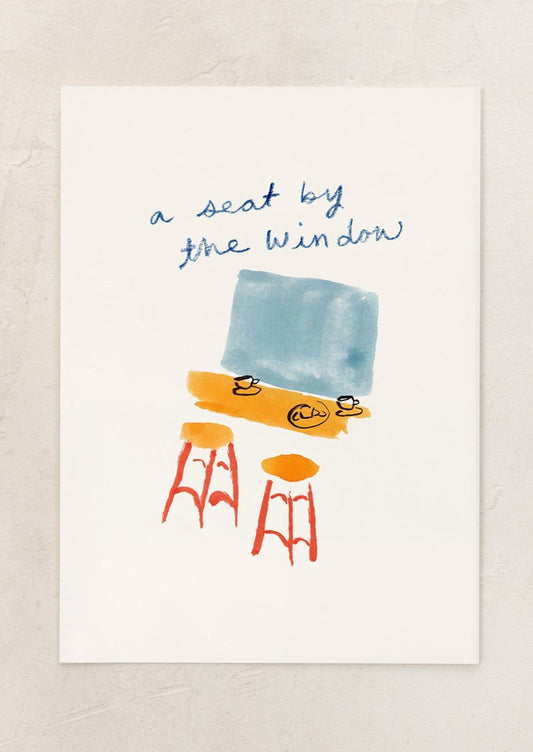 Illustration of a window with a seat and stools on a white background