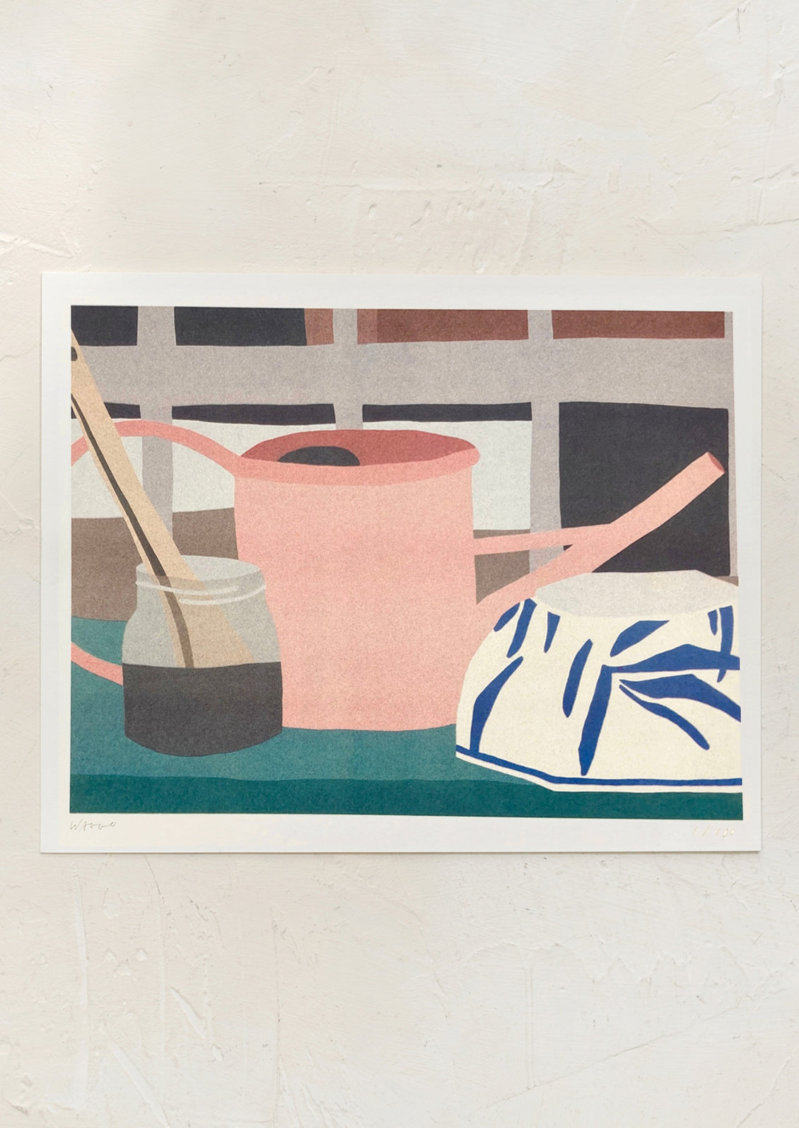 Illustration of a pink watering can and a white container with blue design on a beige background