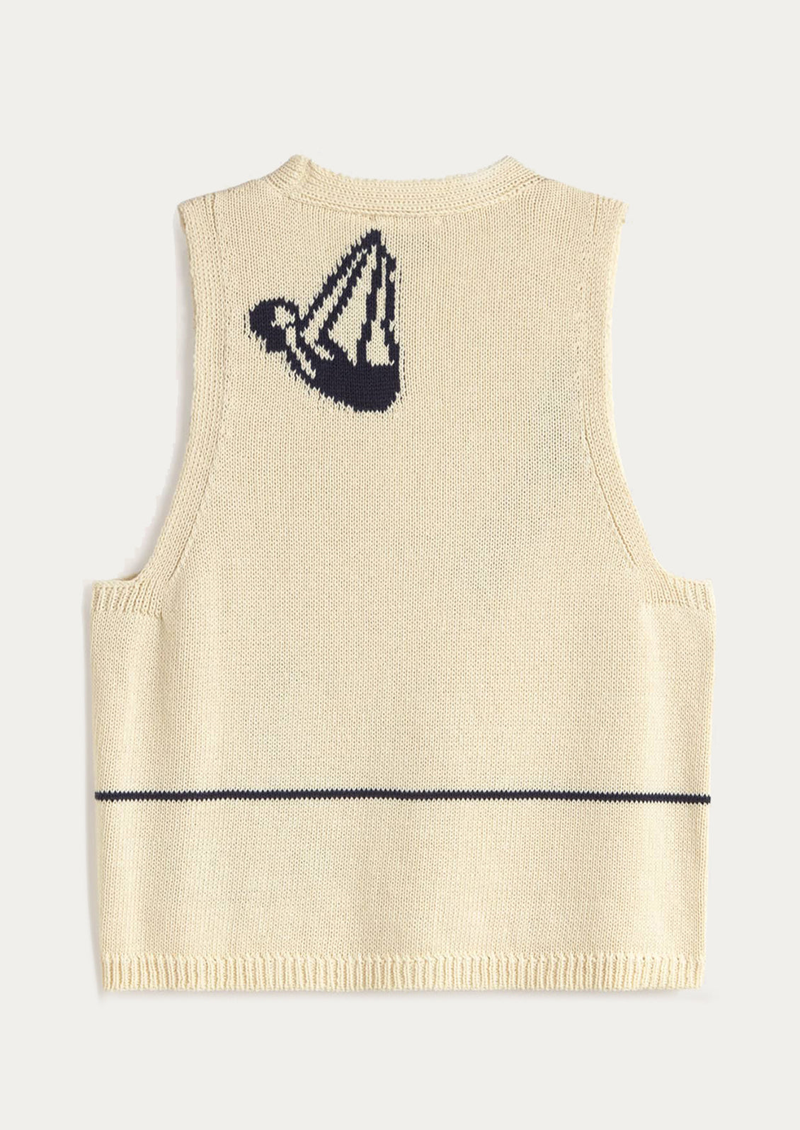 Beige knitted vest with black design on the back against a white background
