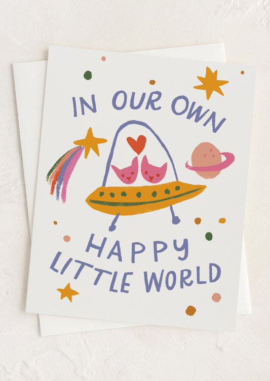 A greeting card with illustration of UFO and love text.