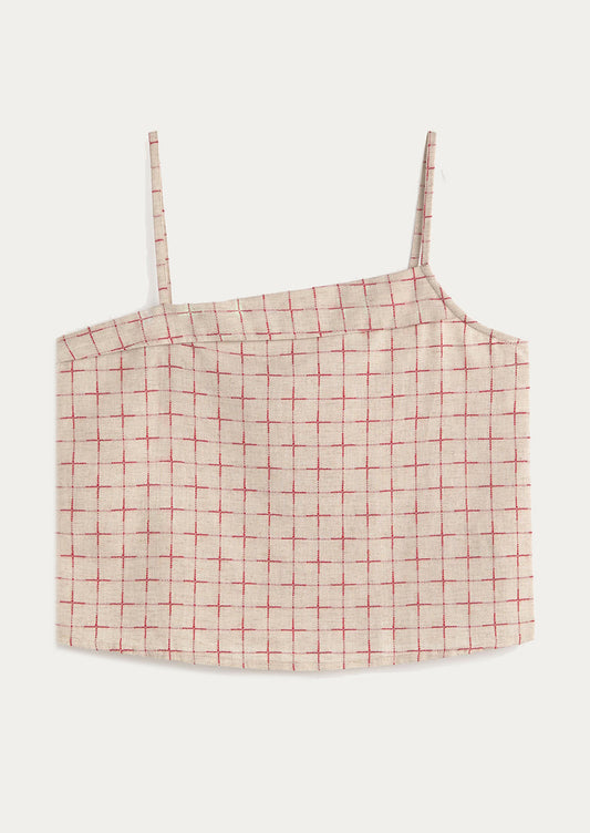 Grid-patterned crop top on a white background
