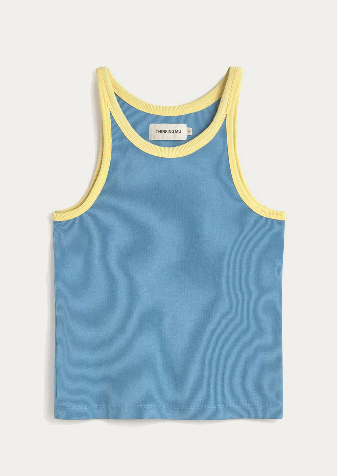 Blue tank top with yellow trim on a light gray background
