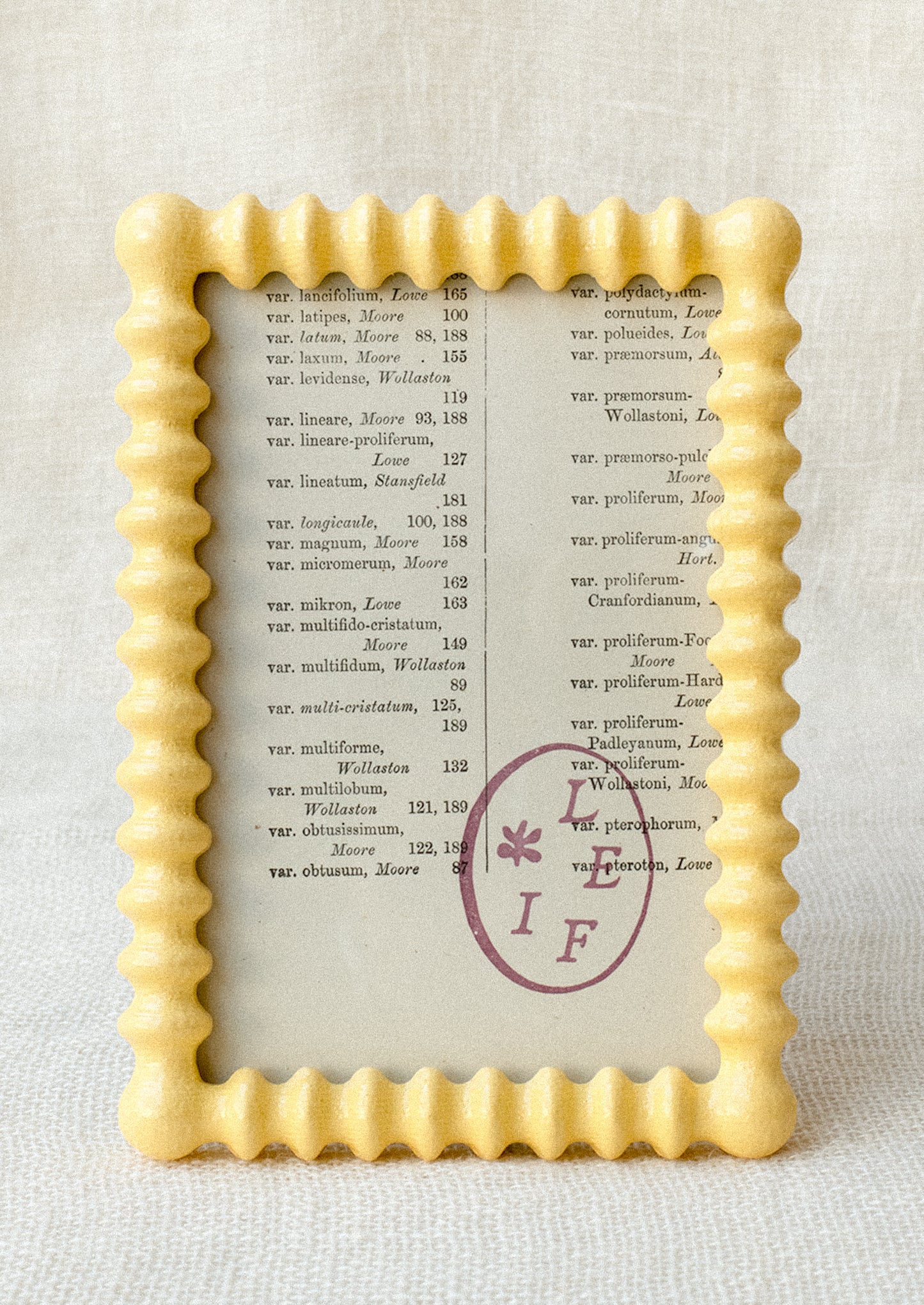 A picture frame with barbed hobnail shape in high gloss butter yellow lacquer.