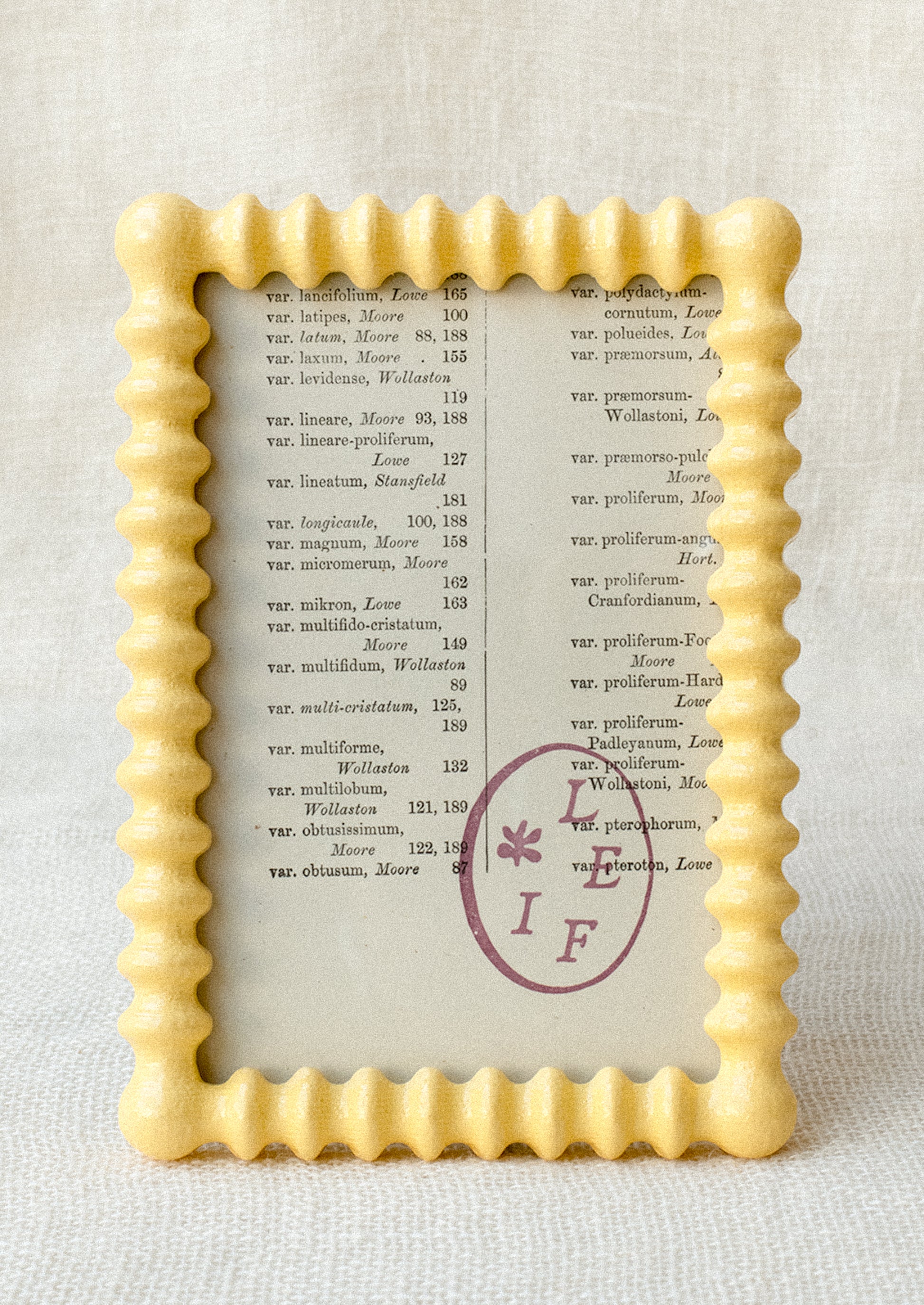 A picture frame with barbed hobnail shape in high gloss butter yellow lacquer.