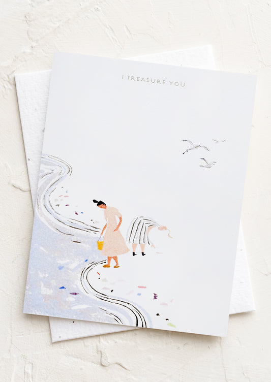 A card with illustration of women gathering shells on a beach, text reads "I treasure you".
