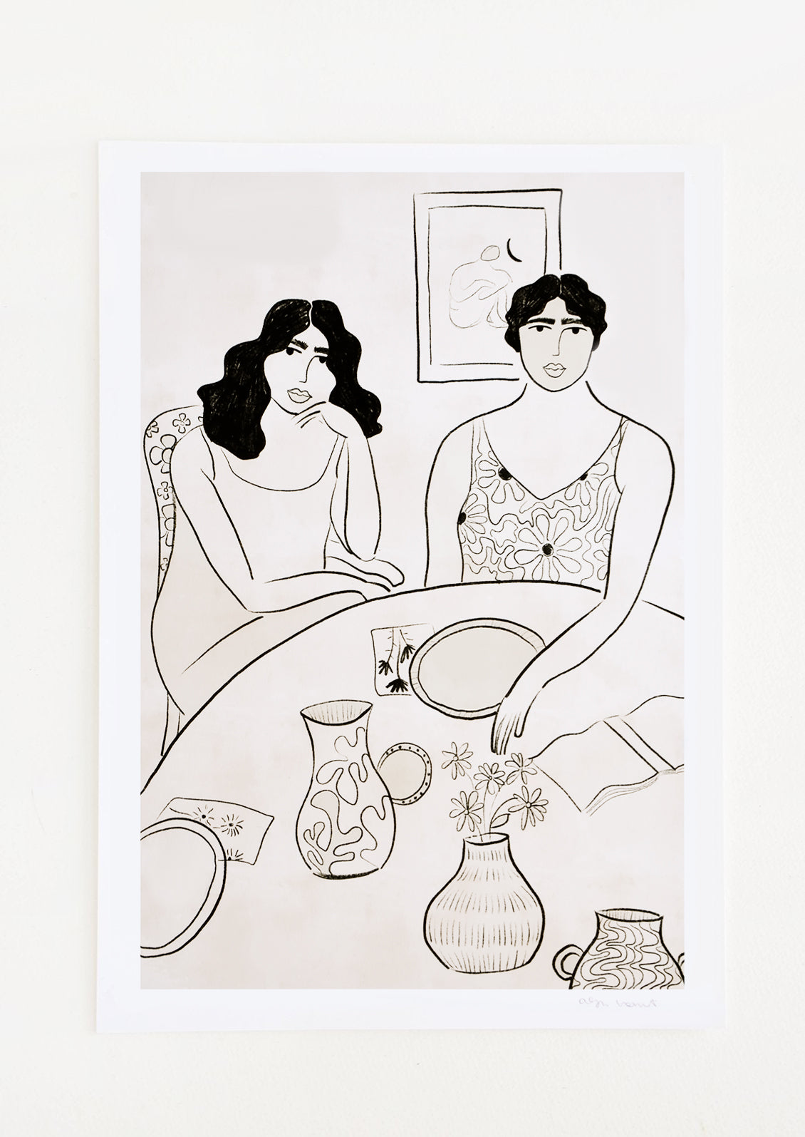 Digital art print in black and white picturing two women sitting at a table set with plates, a pitcher and vases.