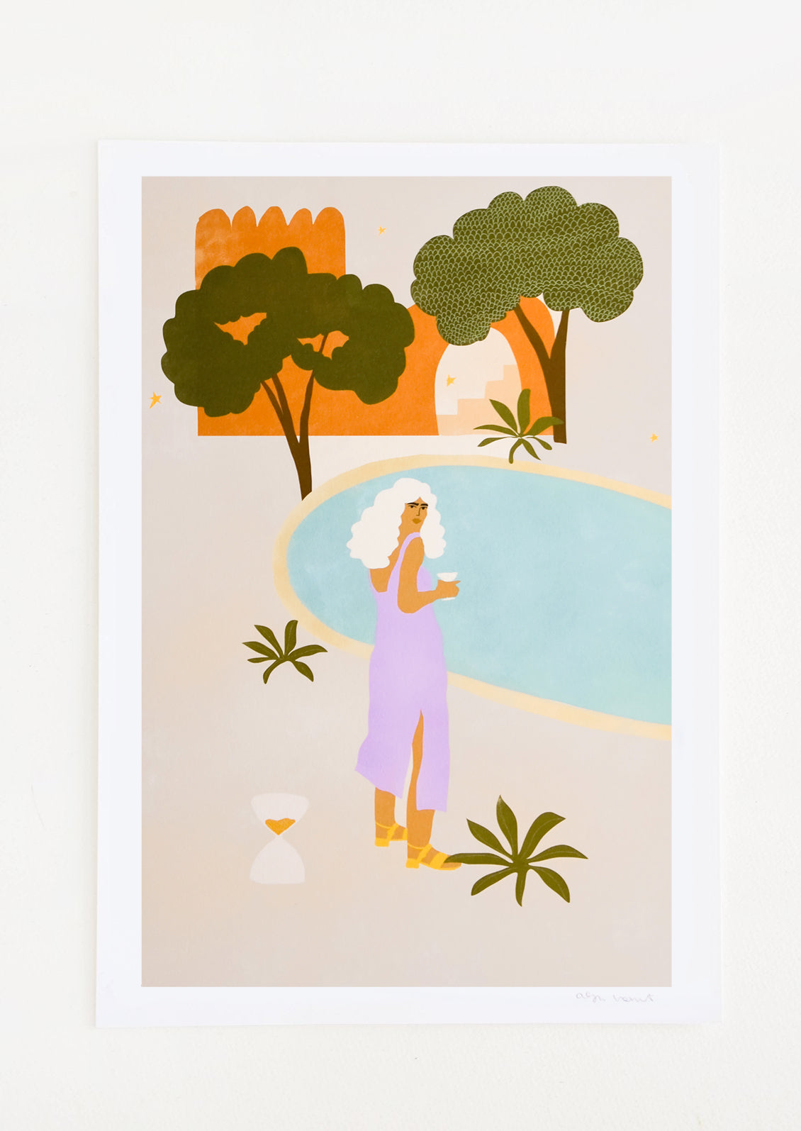 Digital art print with white haired woman in a purple dress standing in front of a pool.