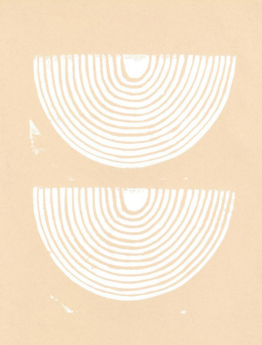 A peach canvas features two upside down white rainbows.
