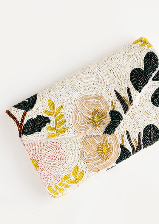 Envelope-style clutch with allover glass beading in pastel floral pattern