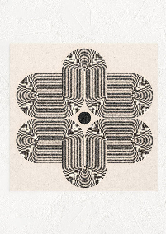 A square digital art print with monochrome image of a geometric shape comprised of thin black lines.