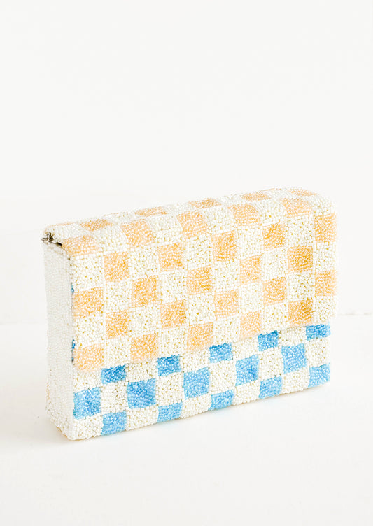 Checkerboard Beaded Clutch in Coffee / Turquoise - LEIF