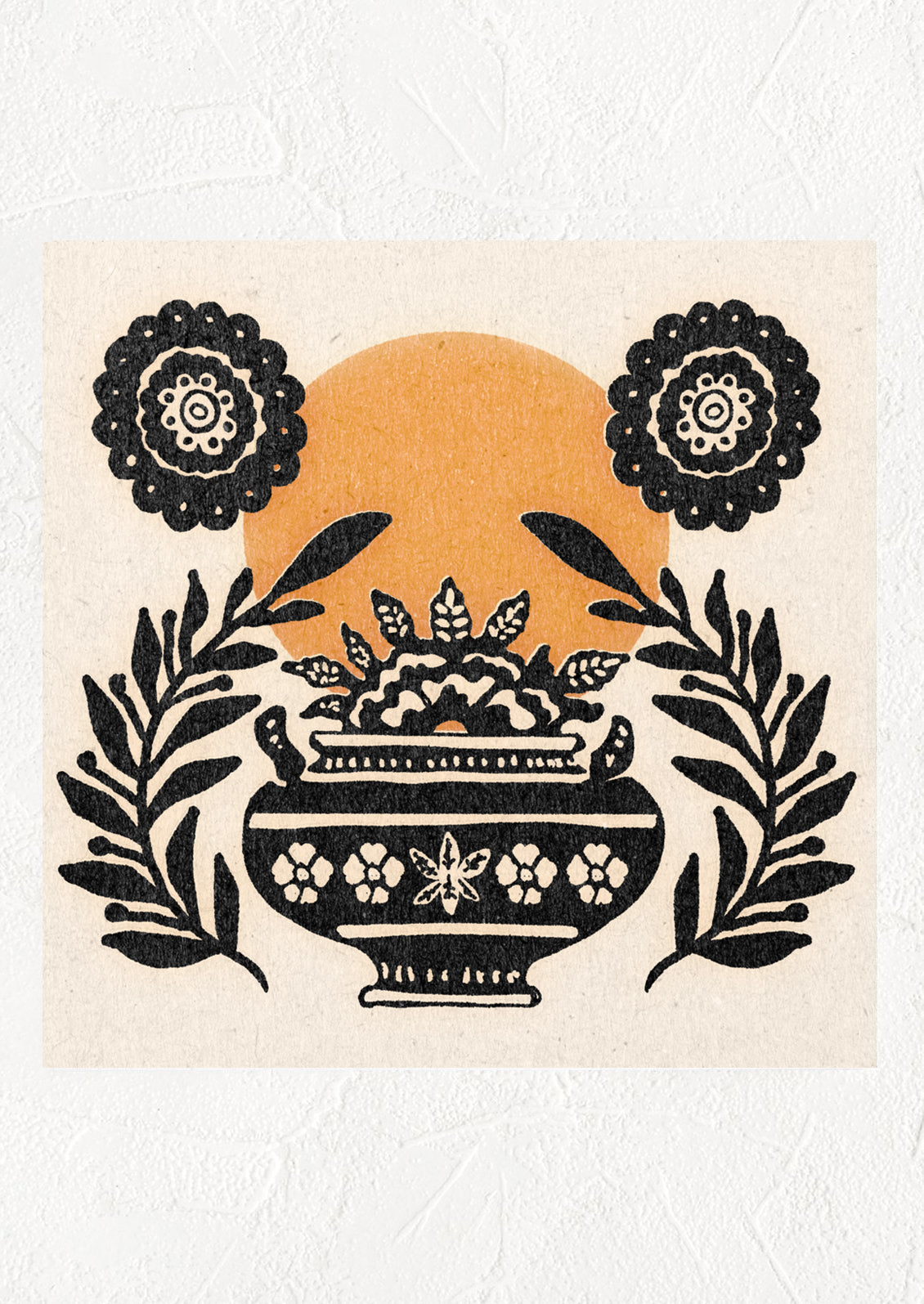 A digital art print of orange sun with decorative vase and leaves.