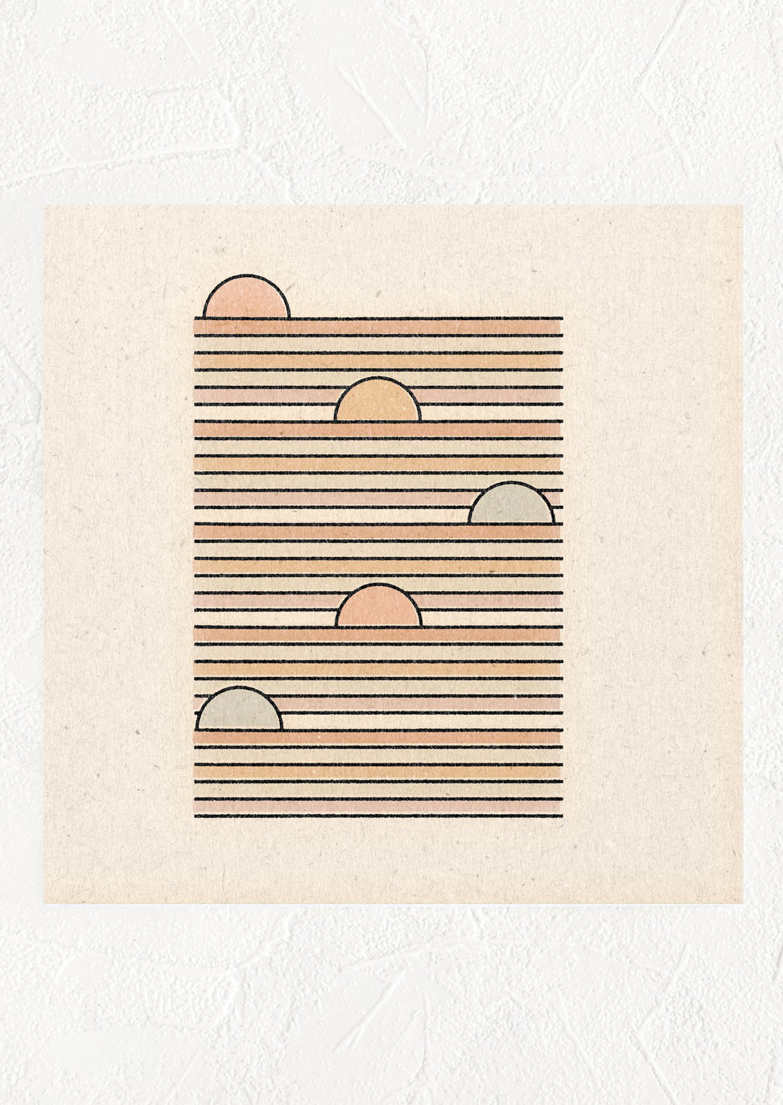 Square digital art print with pastel imagery of suns rising along horizontal lines.