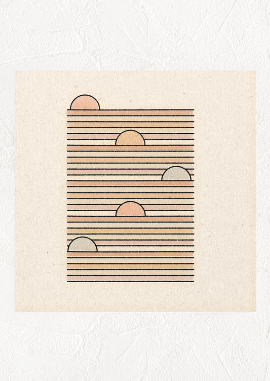 Square digital art print with pastel imagery of suns rising along horizontal lines.