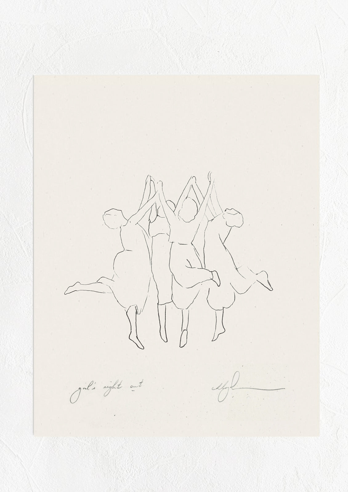 An art print with black line drawing of women dancing in a circle.